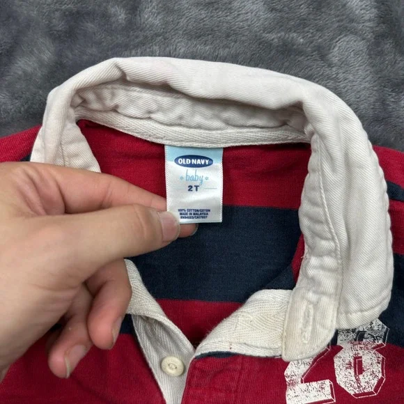 Old Navy Rugby Polo Shirt Baby 2T Red Navy Blue Striped Long Sleeve Graphic - Picture 3 of 7
